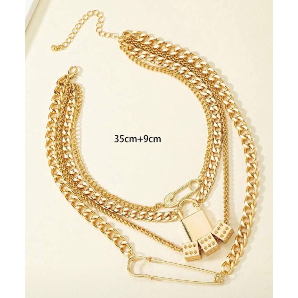 Gold Layered Chain Necklace Padlock‎ Dice Safety Pin Punk Statement Jewelry